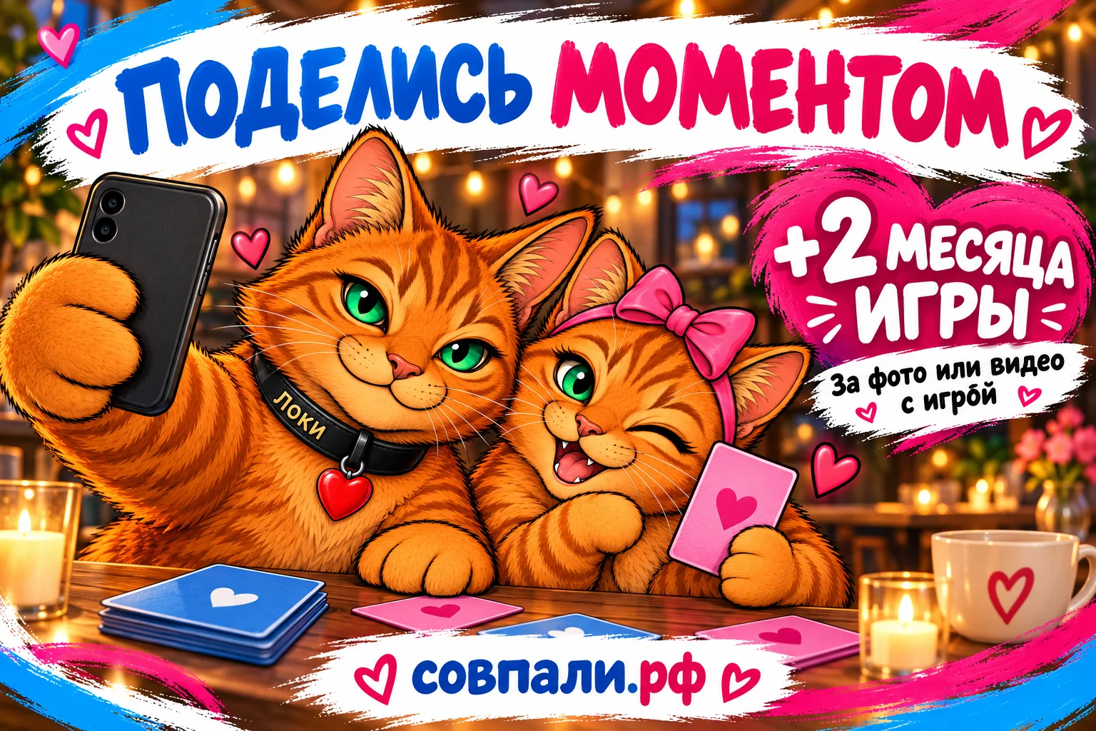 Рыжие коты Локи и Фрейя делают селфи с карточками игры. Акция «Поделись моментом»: два месяца доступа за публикацию фото или видео.